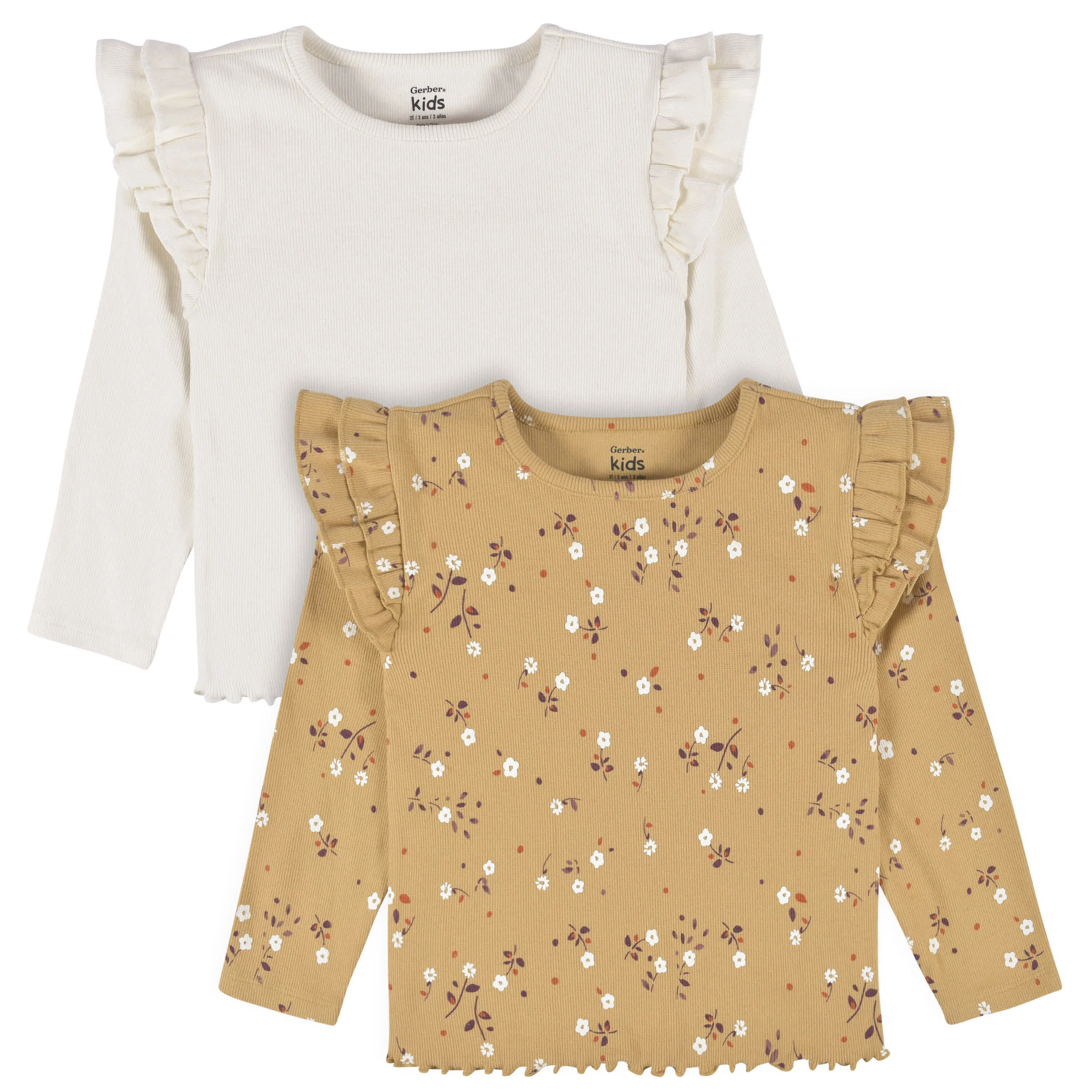 2-Pack Infant & Toddler Girls Mustard Floral Double Ruffle Tops