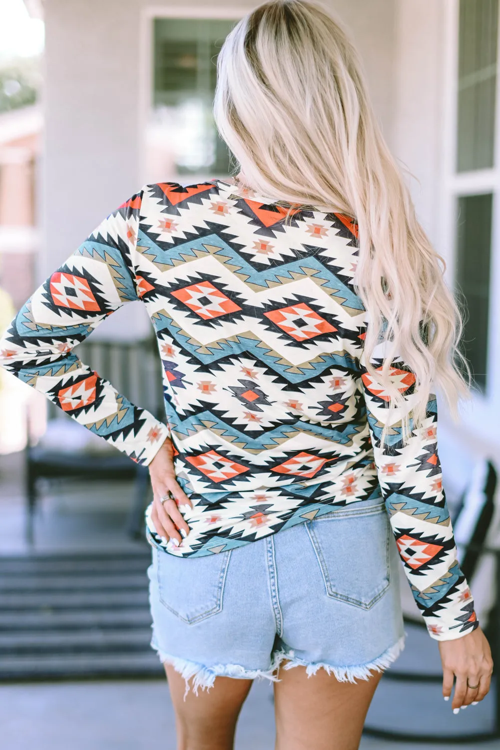 Aztec Geometric Print Henley Top