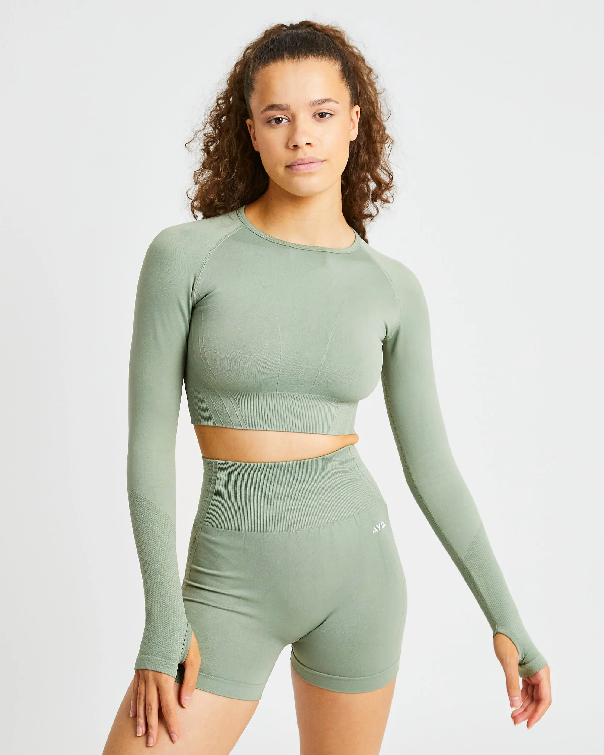 Balance V2 Seamless Long Sleeve Crop Top - Olive Green