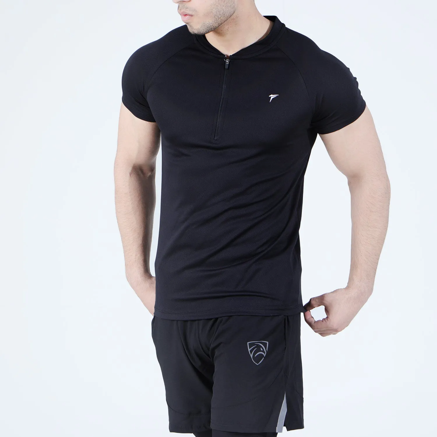 Black Mesh Quarter Zip Half Sleeve Tee