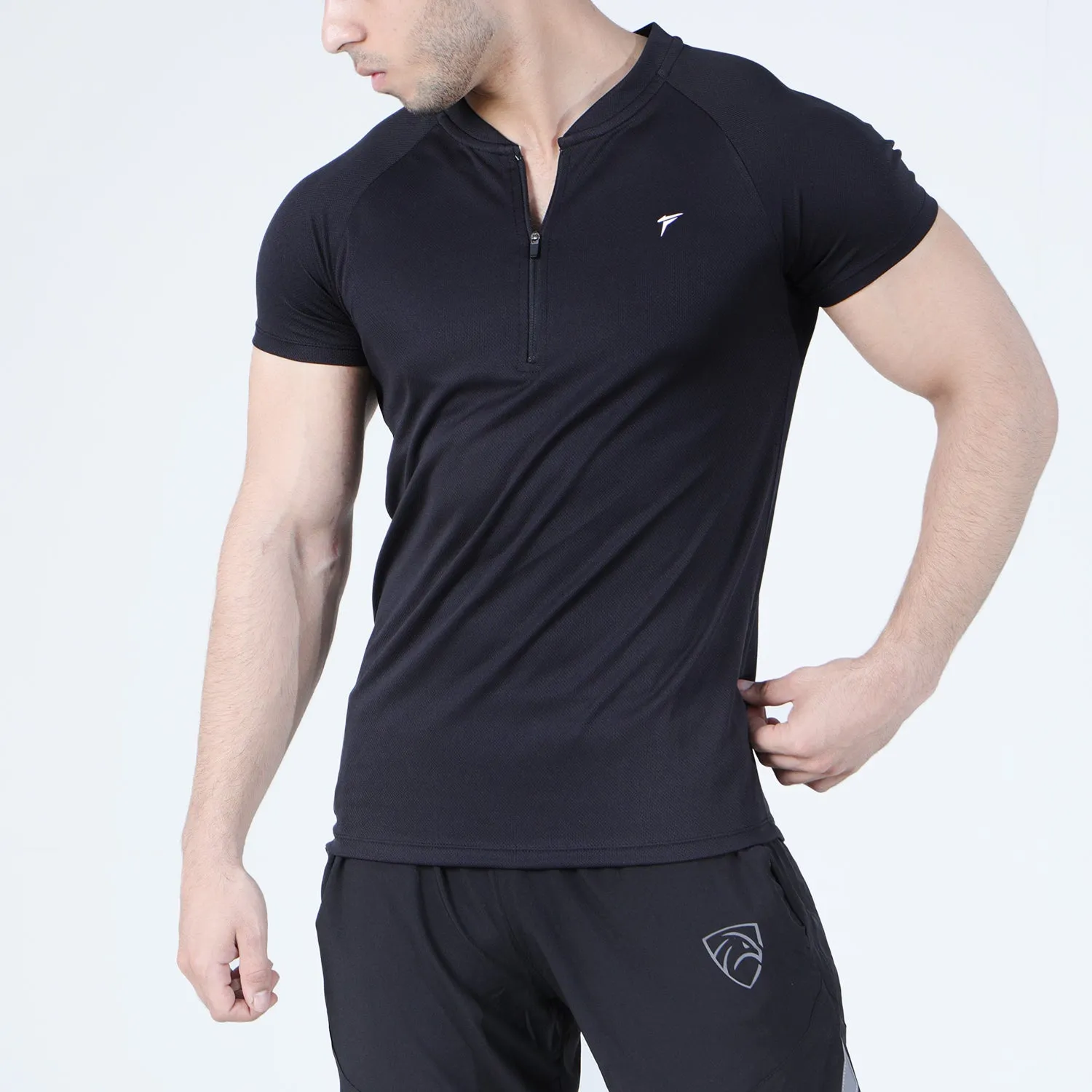 Black Mesh Quarter Zip Half Sleeve Tee