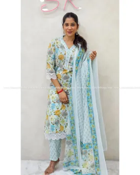 Blue Floral Cotton Kurta Set