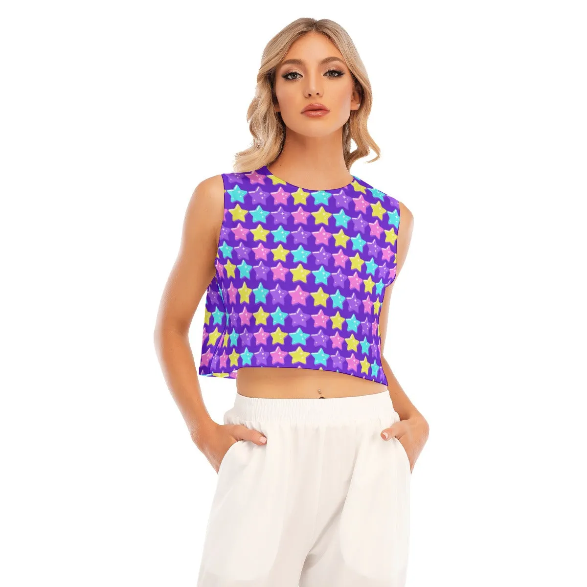 Electric Star Wave Indigo Purple Sleeveless Relaxed Fit Crop Top