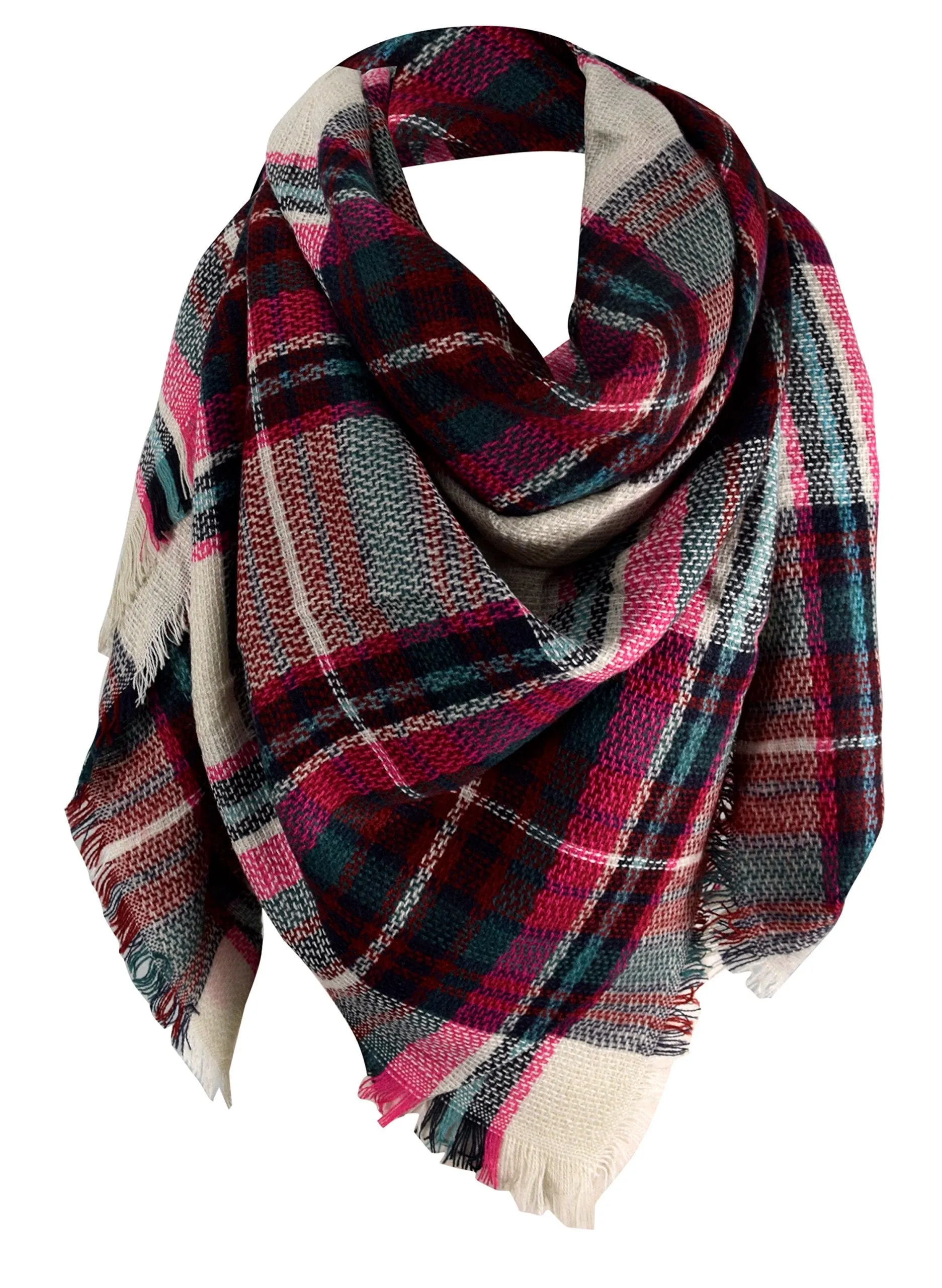 Fuchsia Green Warm Tartan Plaid Woven Oversized Fringe Scarf Blanket Shawl Wrap