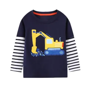 Full Sleeve Tractor Theme Boys T-Shirt, Blue