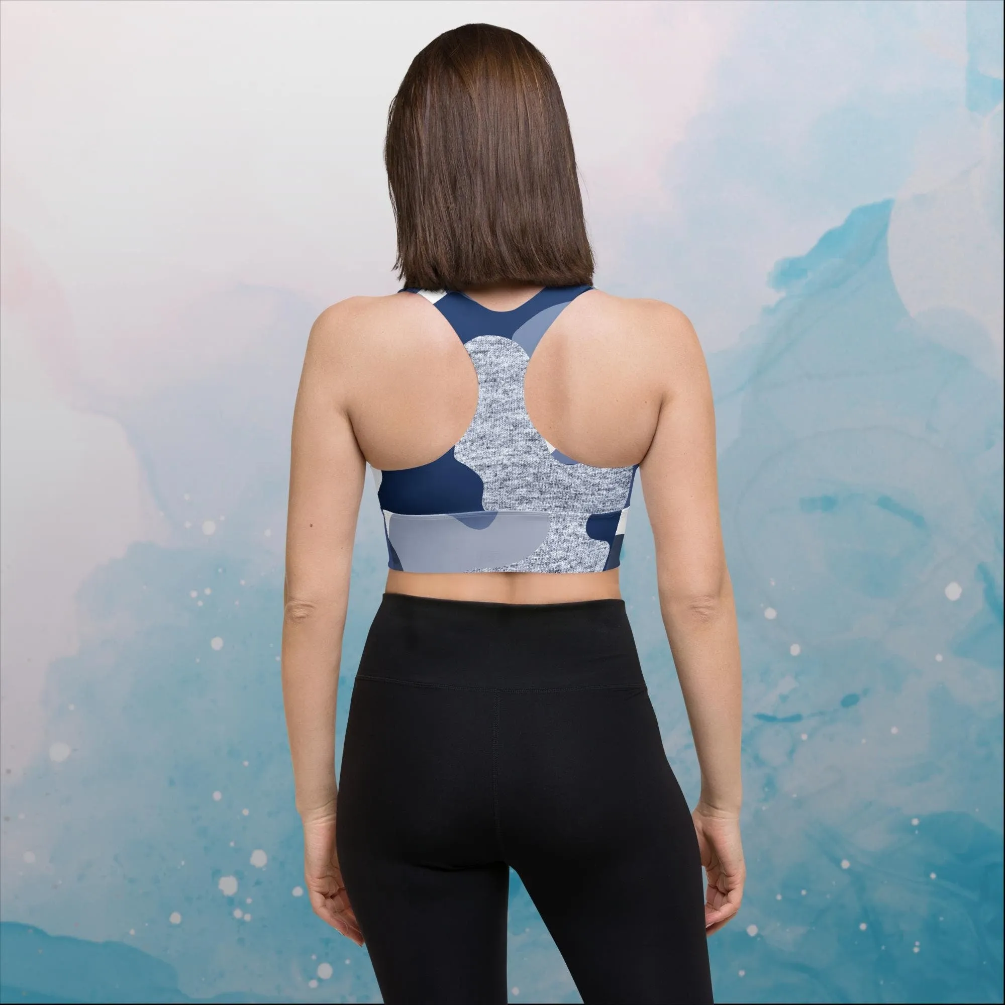 Giant Blue Camo Print Womens Longline Sports Bralette