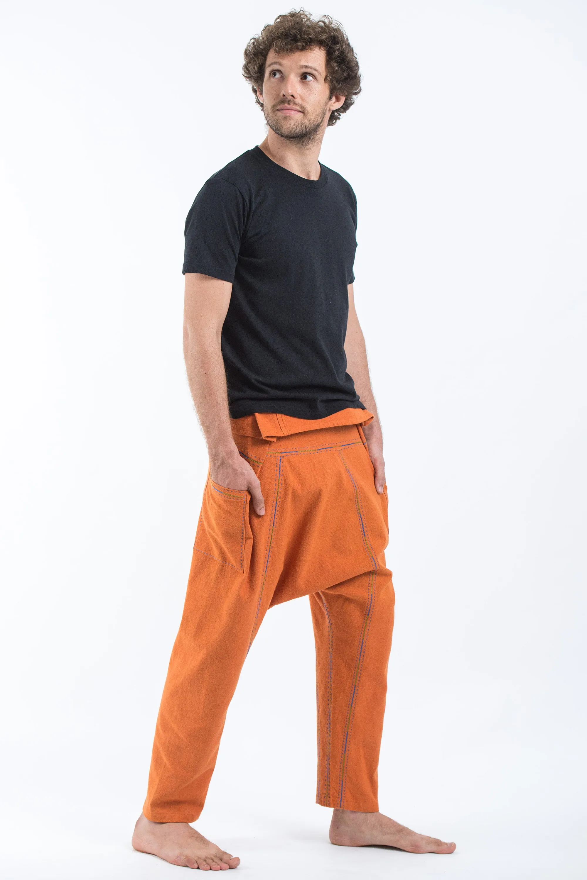 Hand Embroidered Men's Slim Cut Fisherman Pants in Orange