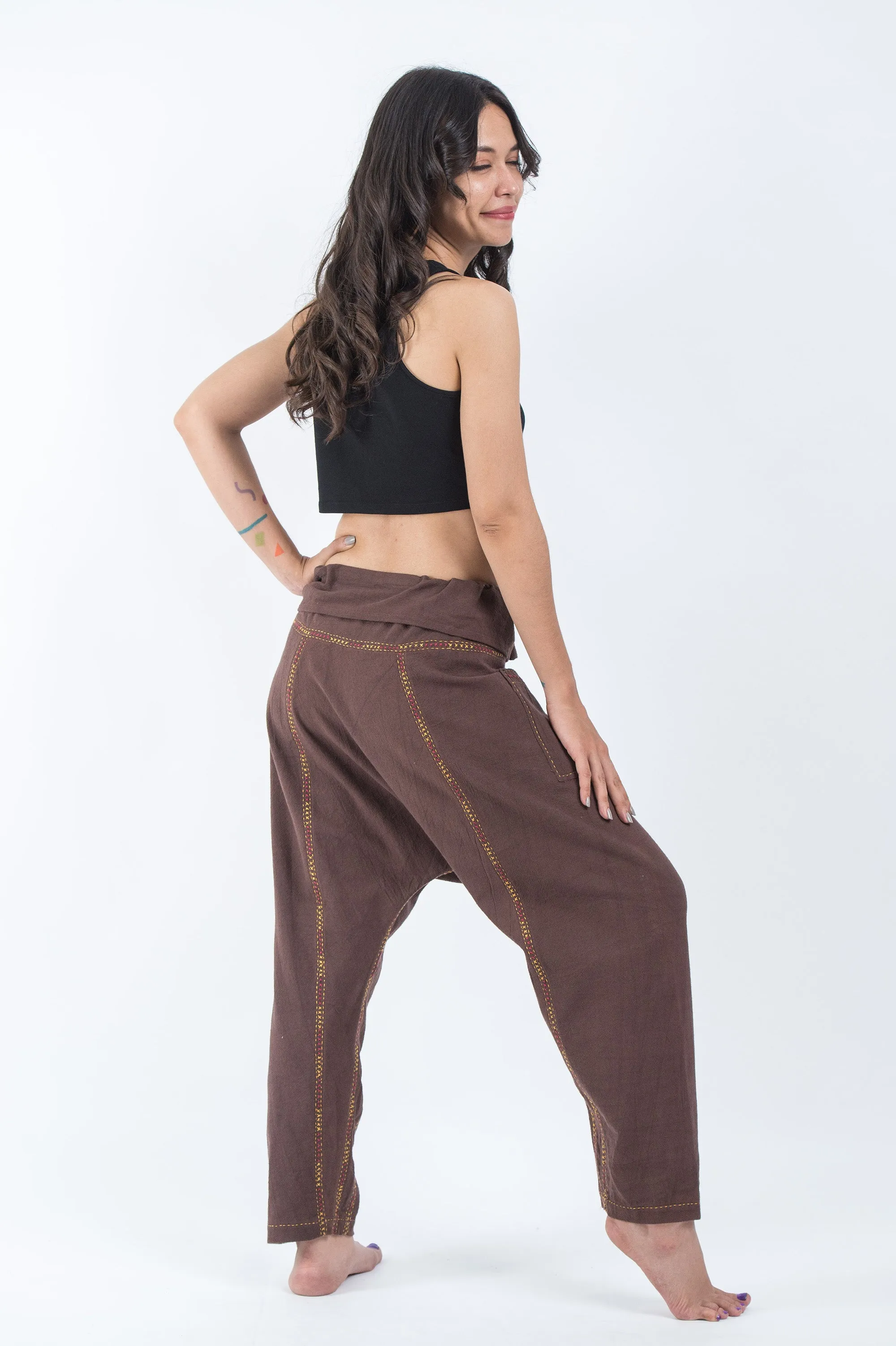 Hand Embroidered Women's Slim Cut Fisherman Pants in Brown