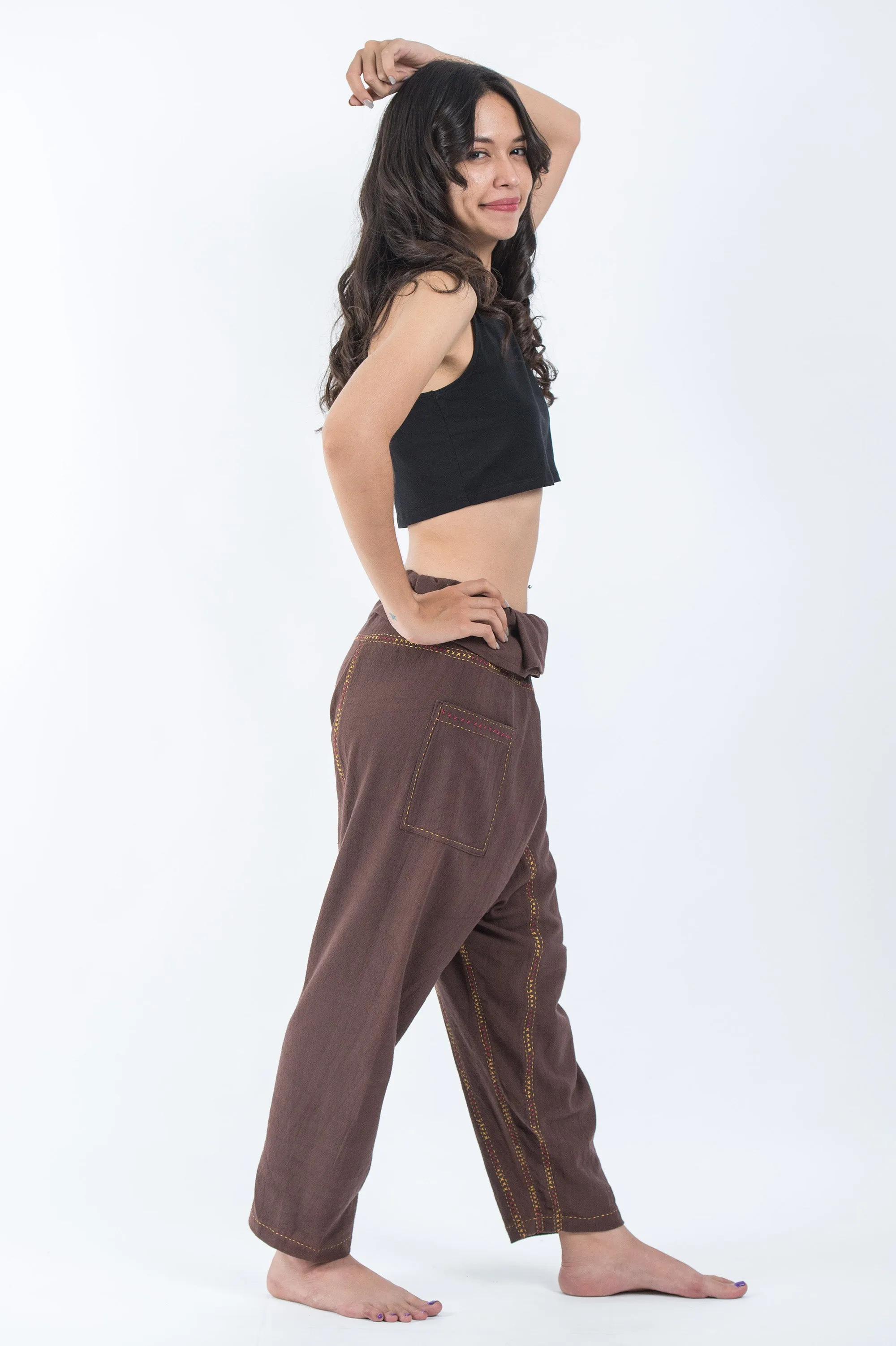 Hand Embroidered Women's Slim Cut Fisherman Pants in Brown