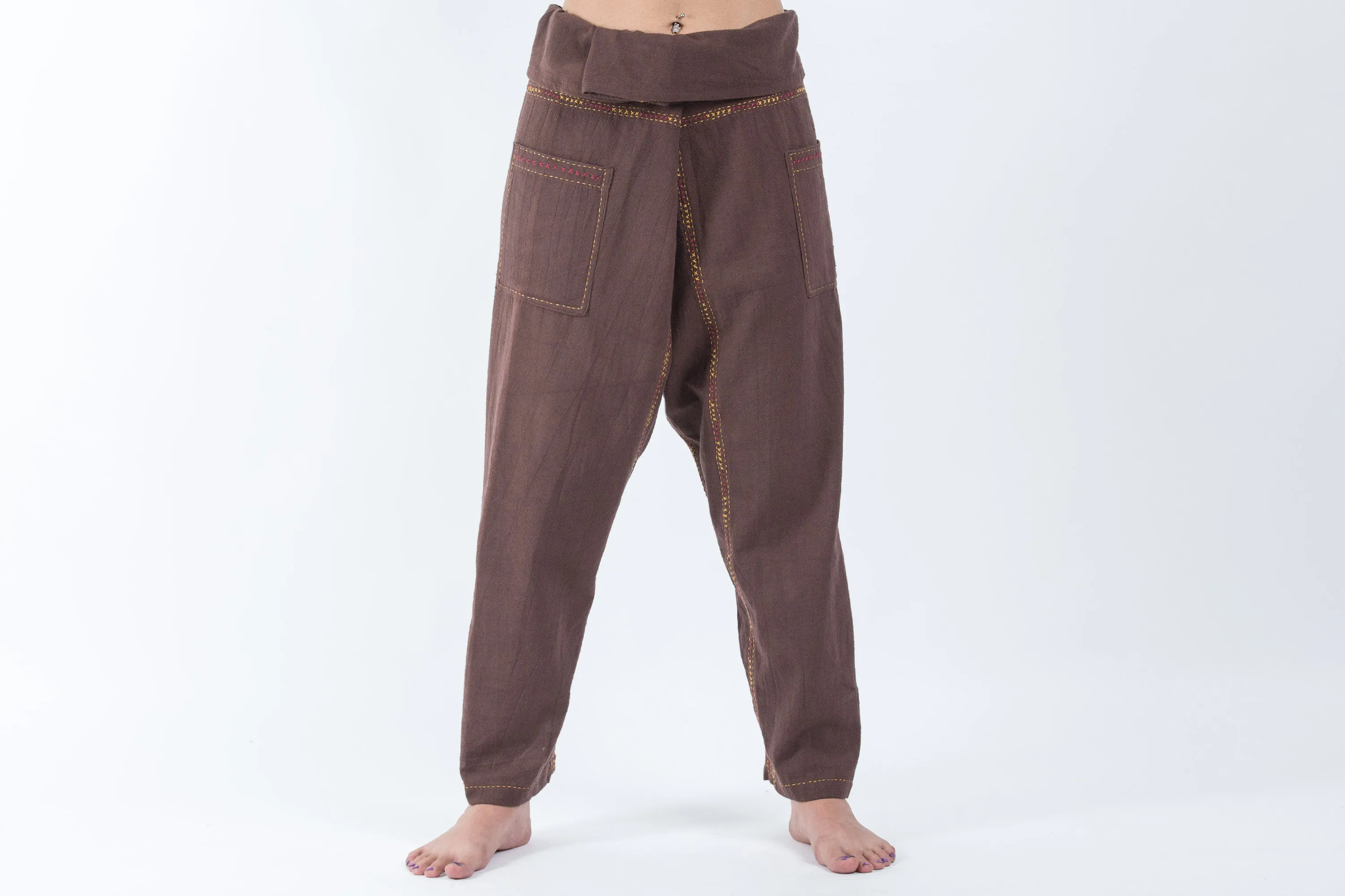 Hand Embroidered Women's Slim Cut Fisherman Pants in Brown