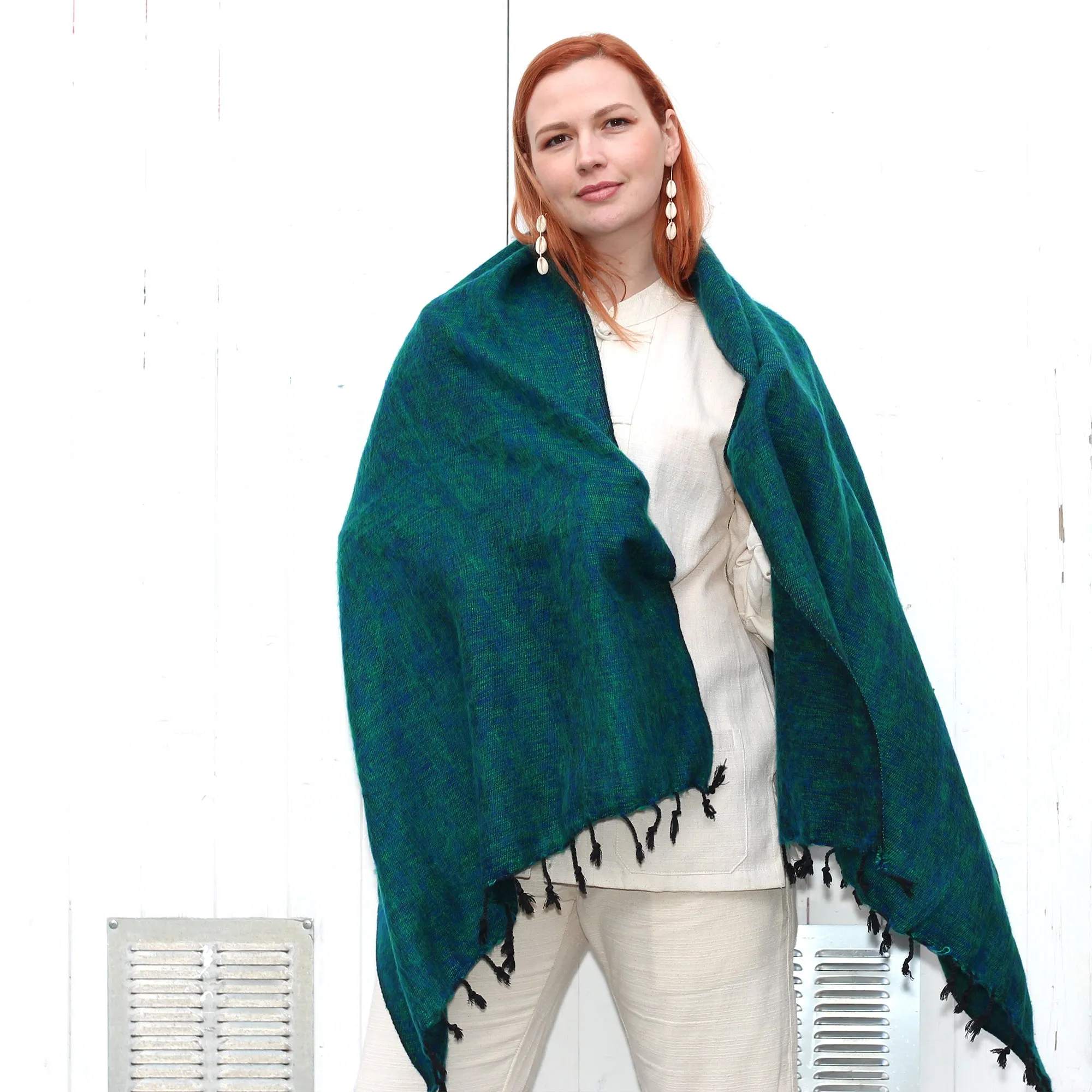 Handmade Nepalese 'Yak Wool' Shawl Jungle Trail Green-Blue Oversized Scarf / Yoga Blanket