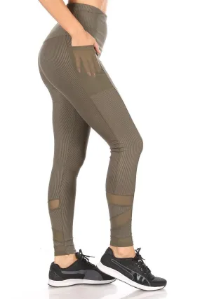 High Waist Rib Knit Leggings With Mesh Panels & Pockets - Olive