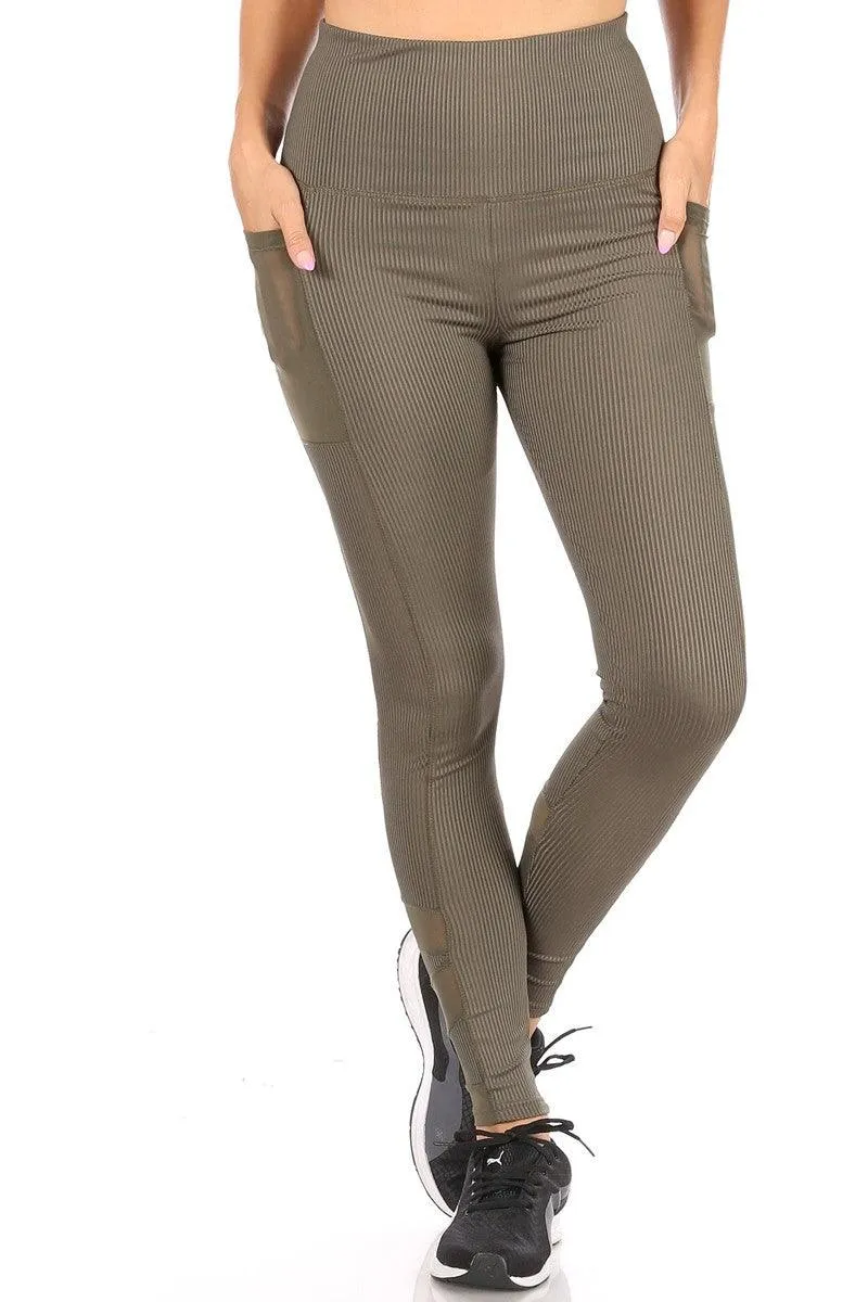 High Waist Rib Knit Leggings With Mesh Panels & Pockets - Olive