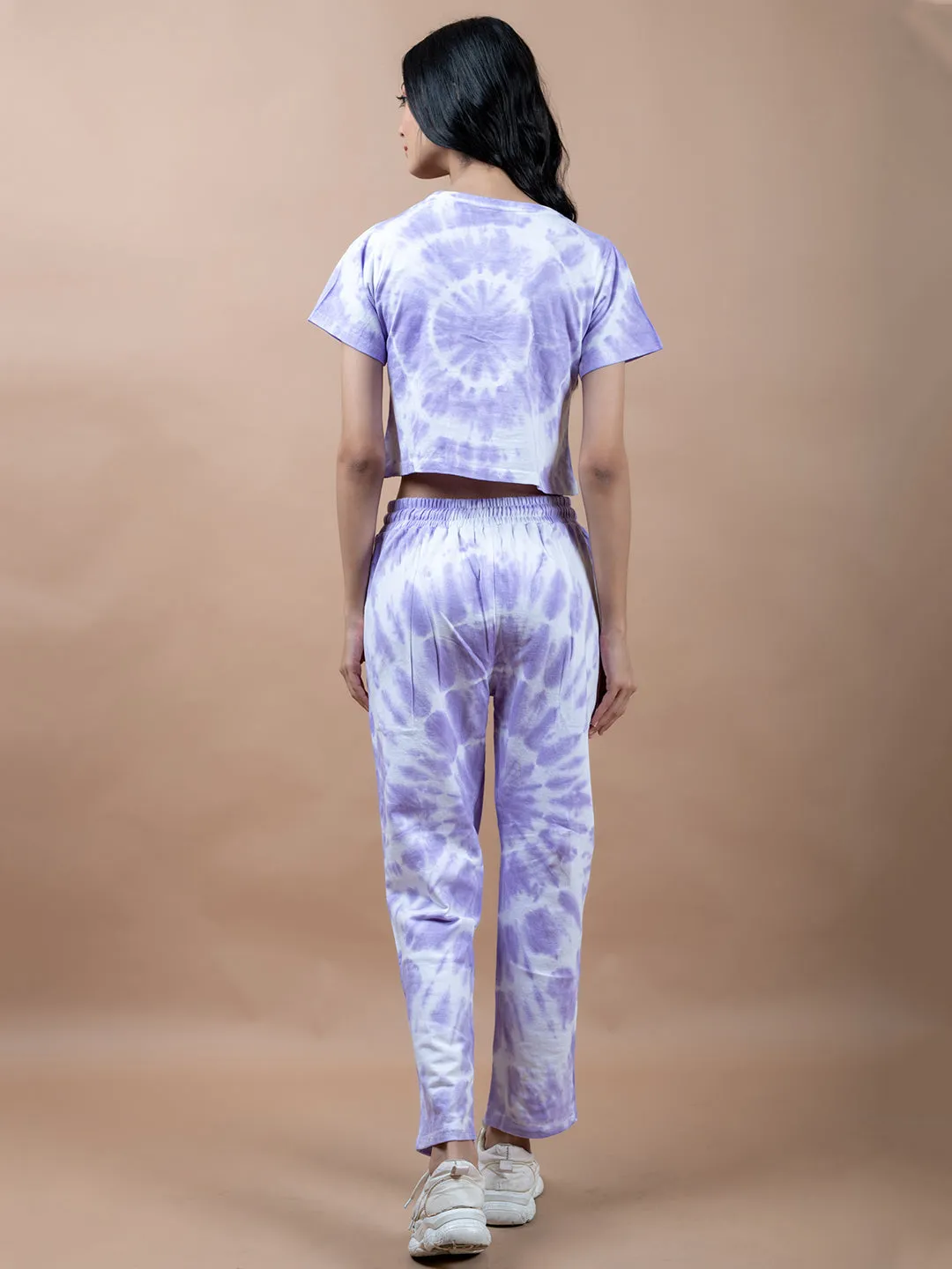 Light Purple Color Tie-Dye Cotton Crop Top and Jogger Set For Women