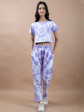 Light Purple Color Tie-Dye Cotton Crop Top and Jogger Set For Women