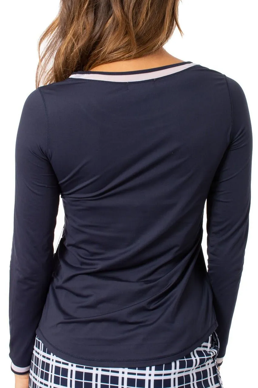 Navy/White Long Sleeve Mesh Trim Top