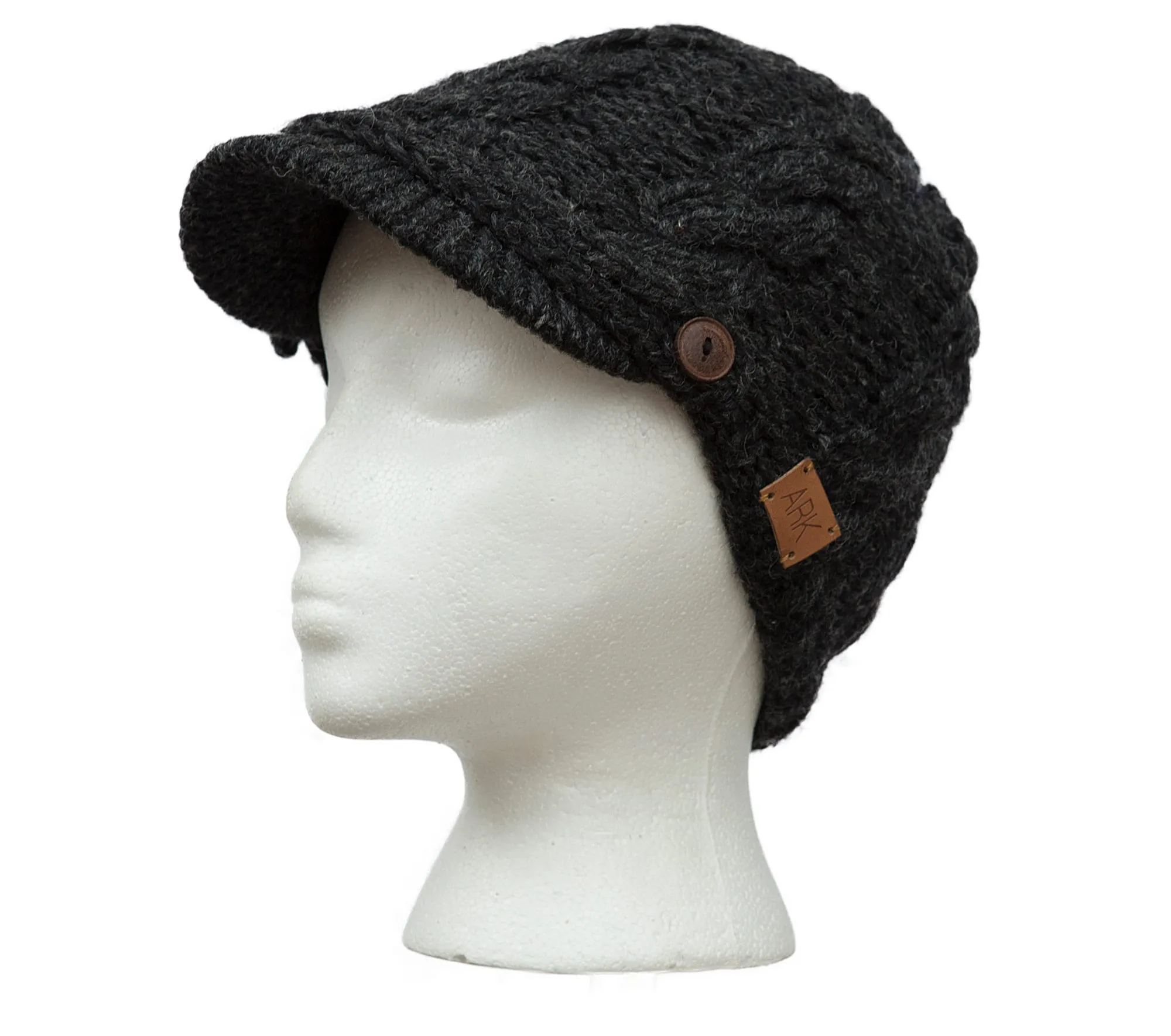 Newsboys Hat Charcoal, Wool Cable Knit Hat, Fleece Lined, Visor Front