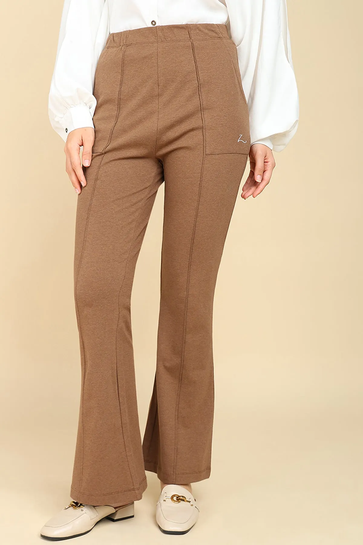 Pleated Cotton Melange Brown Maternity Pants (Pregnancy & Postpartum)