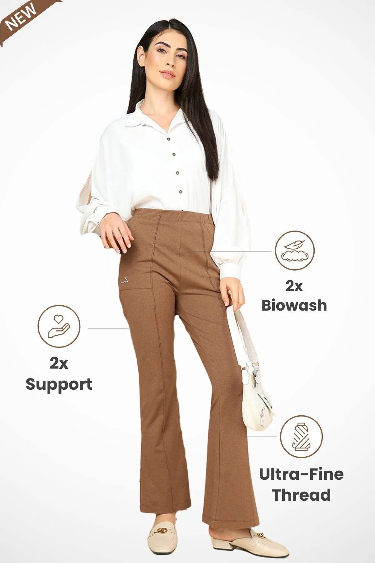 Pleated Cotton Melange Brown Maternity Pants (Pregnancy & Postpartum)