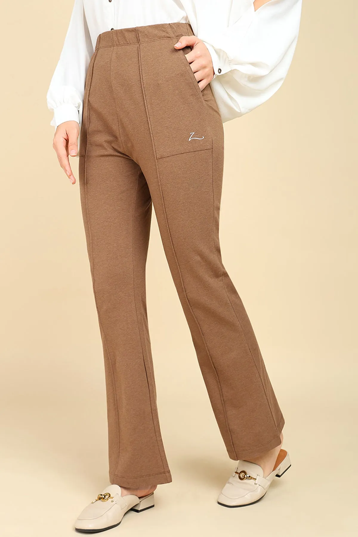 Pleated Cotton Melange Brown Maternity Pants (Pregnancy & Postpartum)