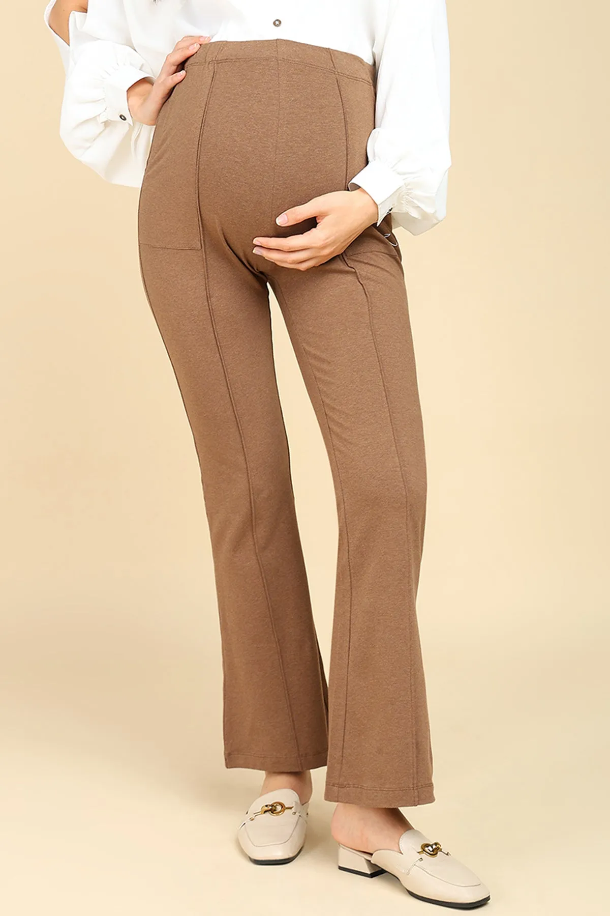 Pleated Cotton Melange Brown Maternity Pants (Pregnancy & Postpartum)