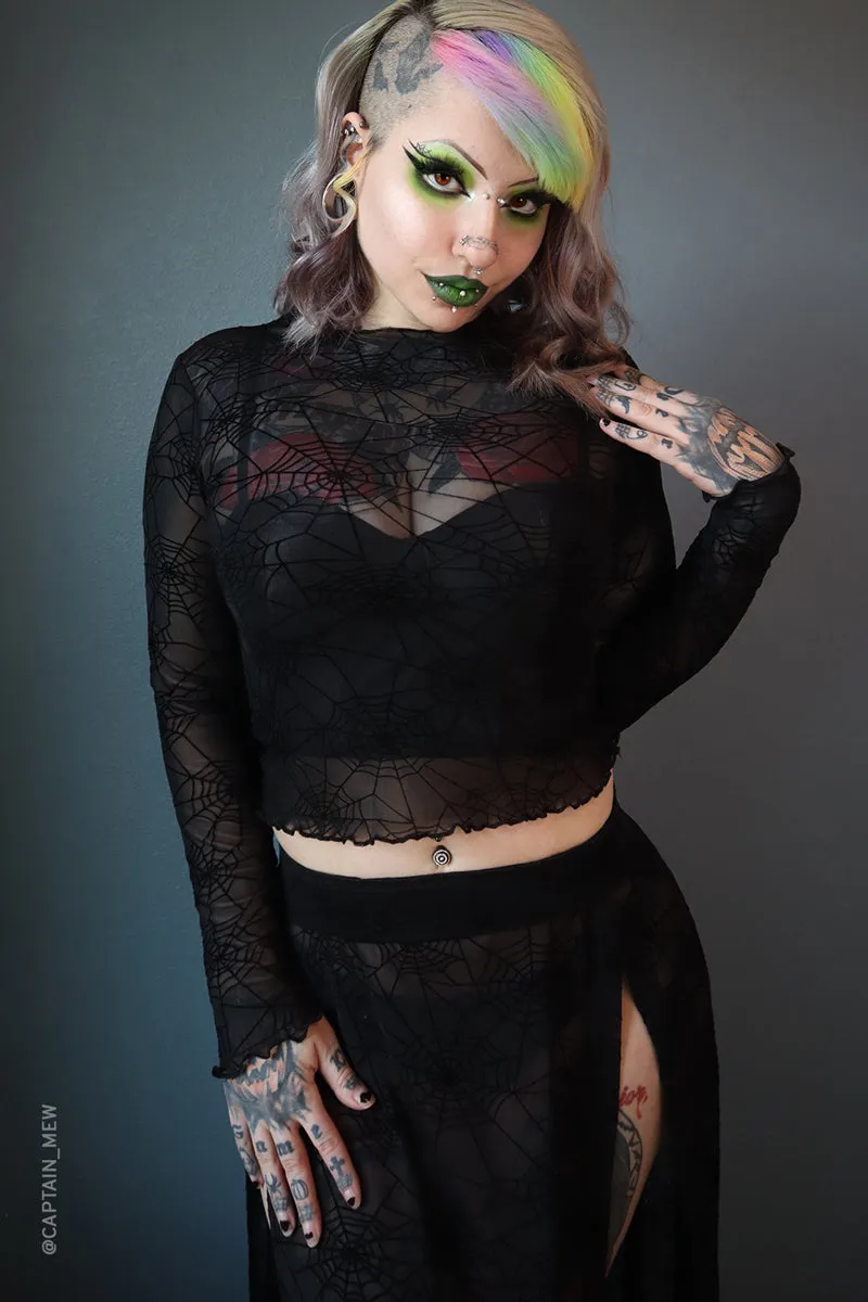 Spider Web Mesh Long Sleeve Crop Top