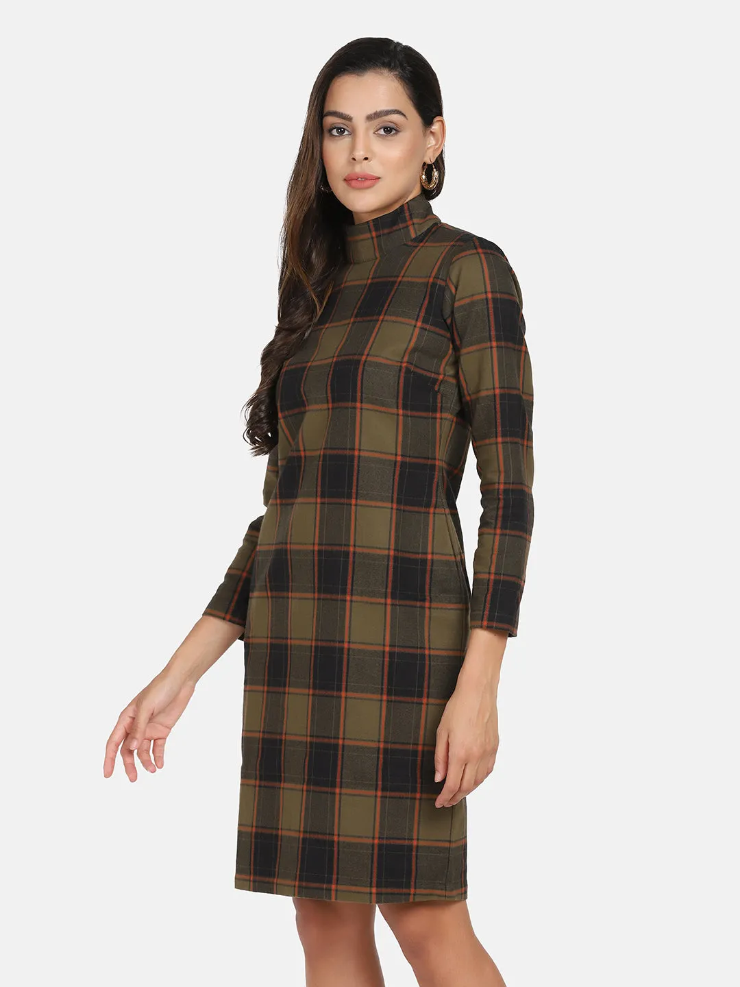 Warm Checkered Tweed Dress - Brown