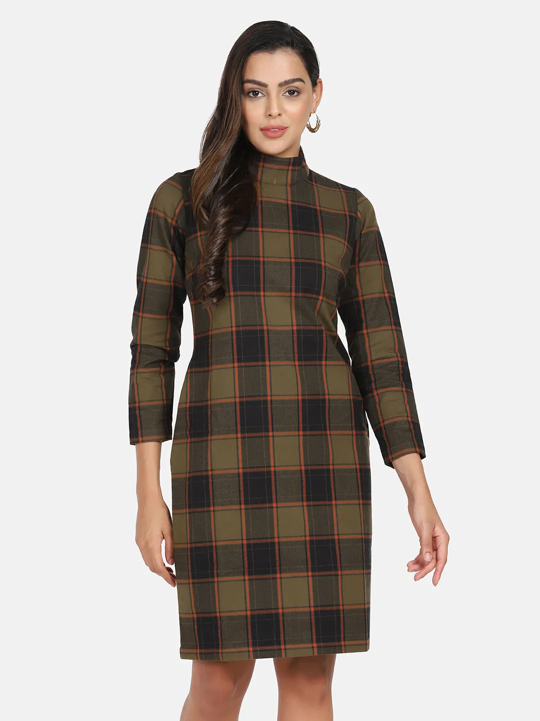 Warm Checkered Tweed Dress - Brown