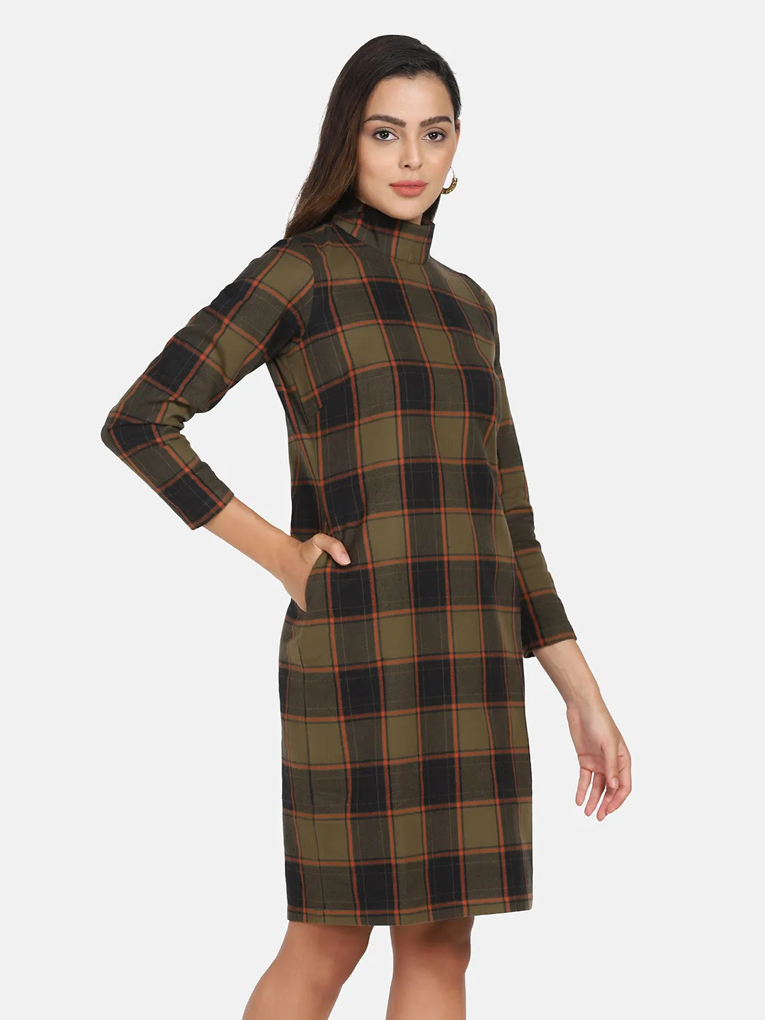 Warm Checkered Tweed Dress - Brown