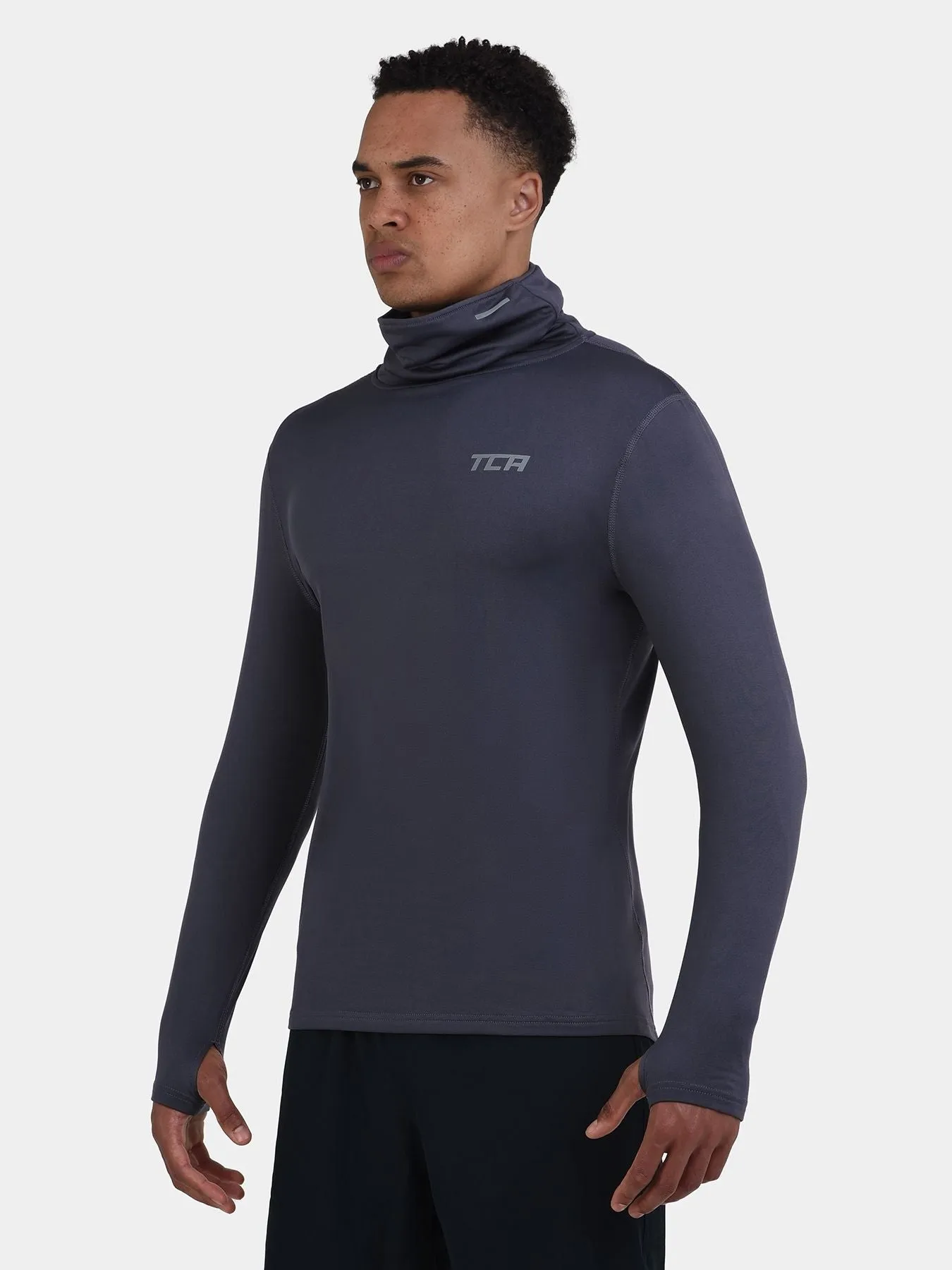 Warm-Up Thermal Long Sleeve Funnel Neck Top For Men With Brushed Inner Fabric, Thumbholes & Reflective Strips