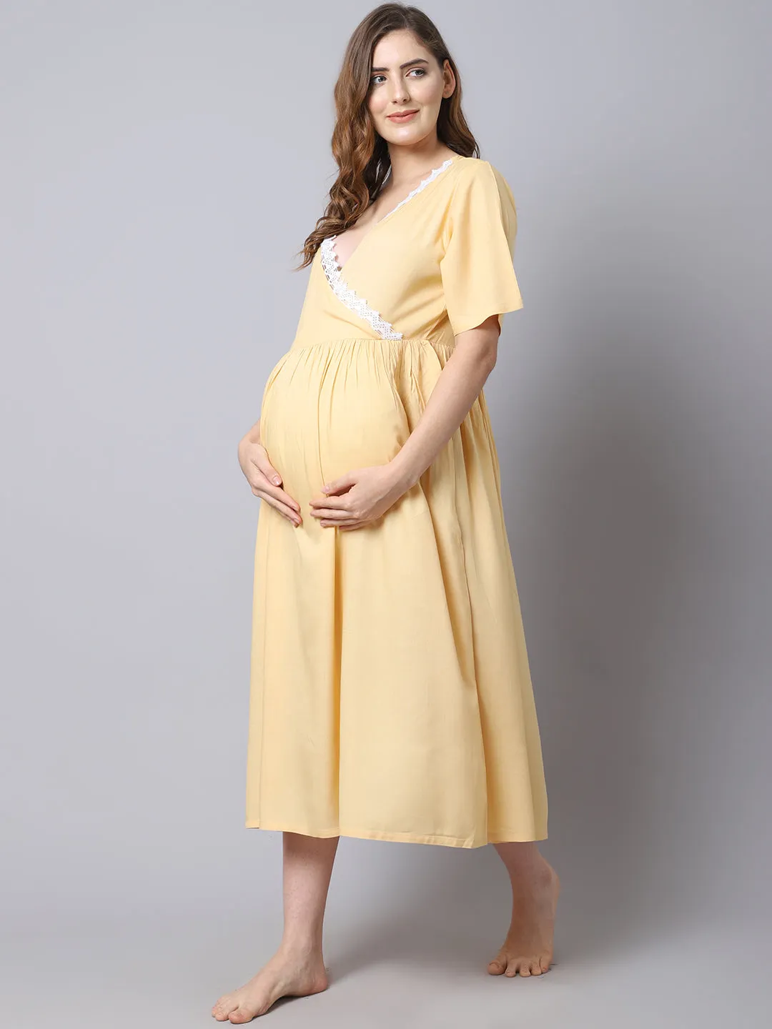 Women's Rayon Pre and Post Maternity/Feeding Dress - Beige