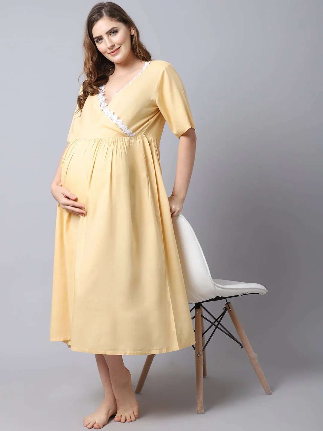 Women's Rayon Pre and Post Maternity/Feeding Dress - Beige