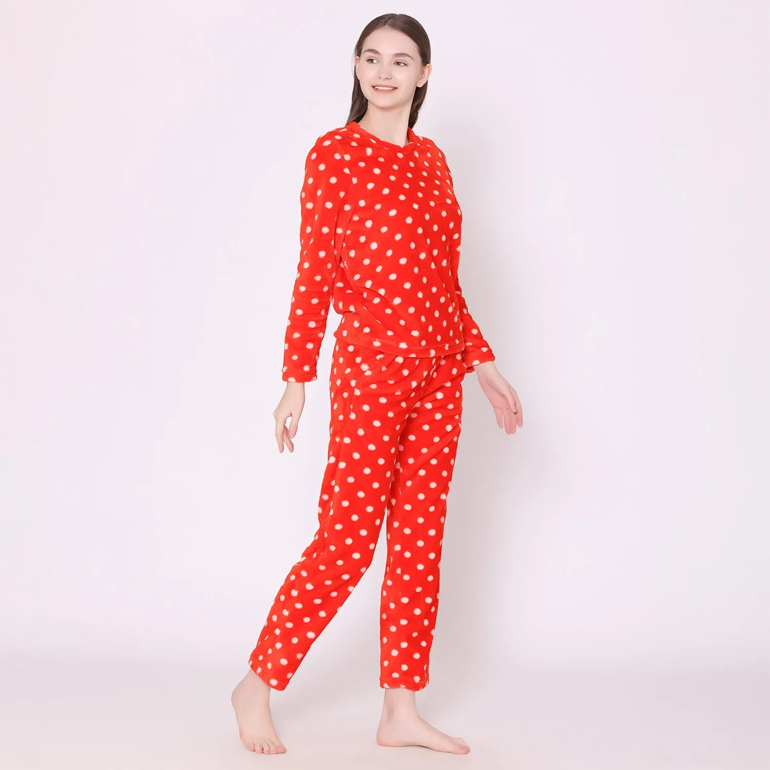 Women's Velvet Polka Print Lounge Wear Set - Red