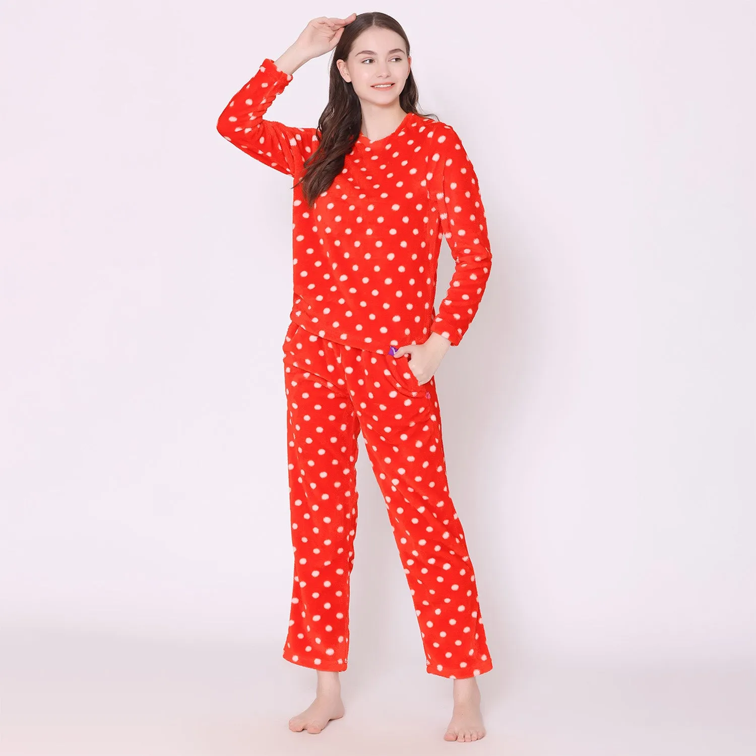 Women's Velvet Polka Print Lounge Wear Set - Red