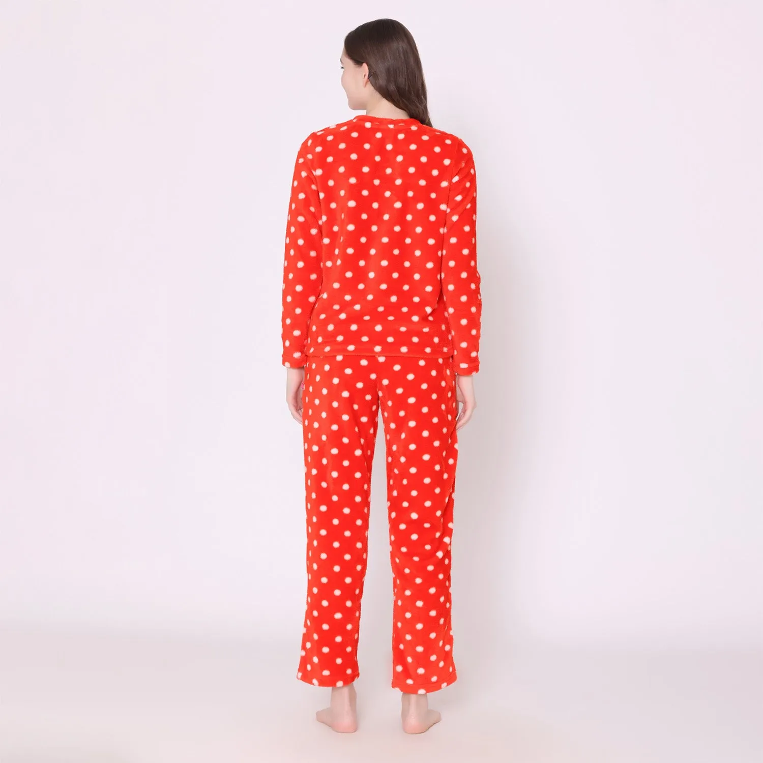 Women's Velvet Polka Print Lounge Wear Set - Red